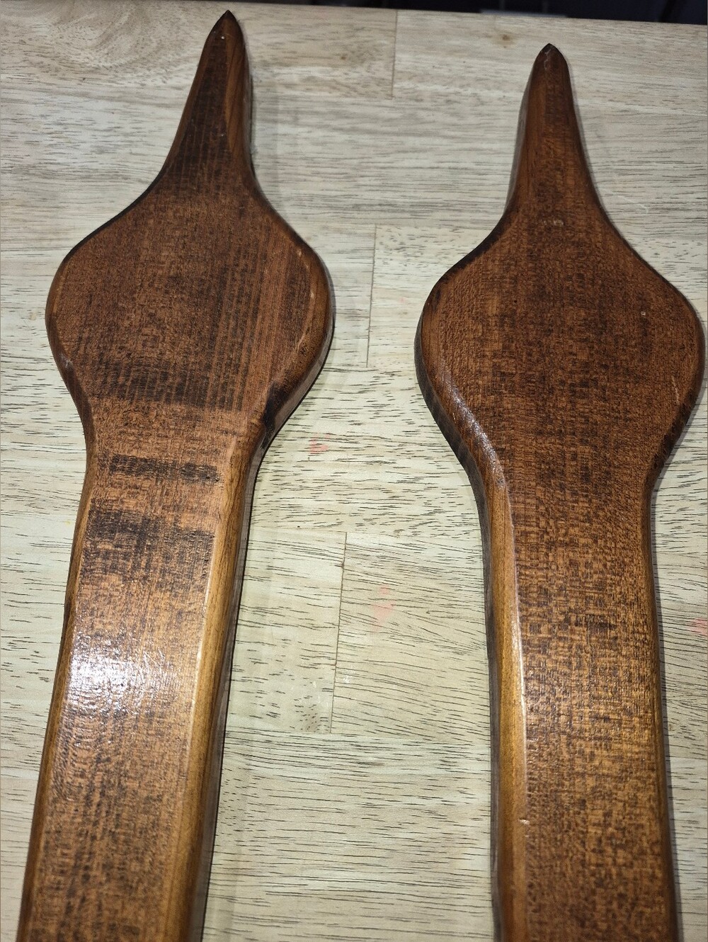 2 Vintage, Handmade Stained Wooden wall Sconces w/ Pegged Candle Cups - Picture 3 of 6
